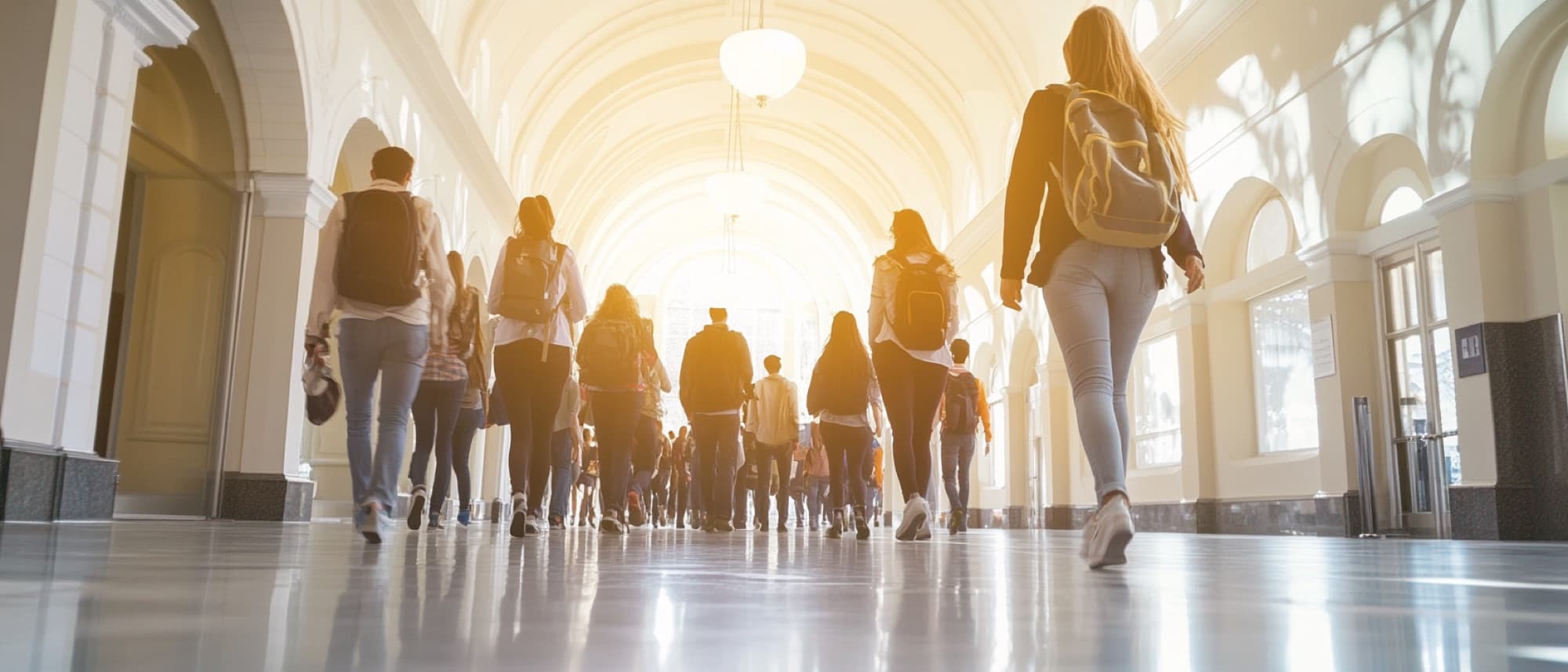 Students walking through a bright campus hall