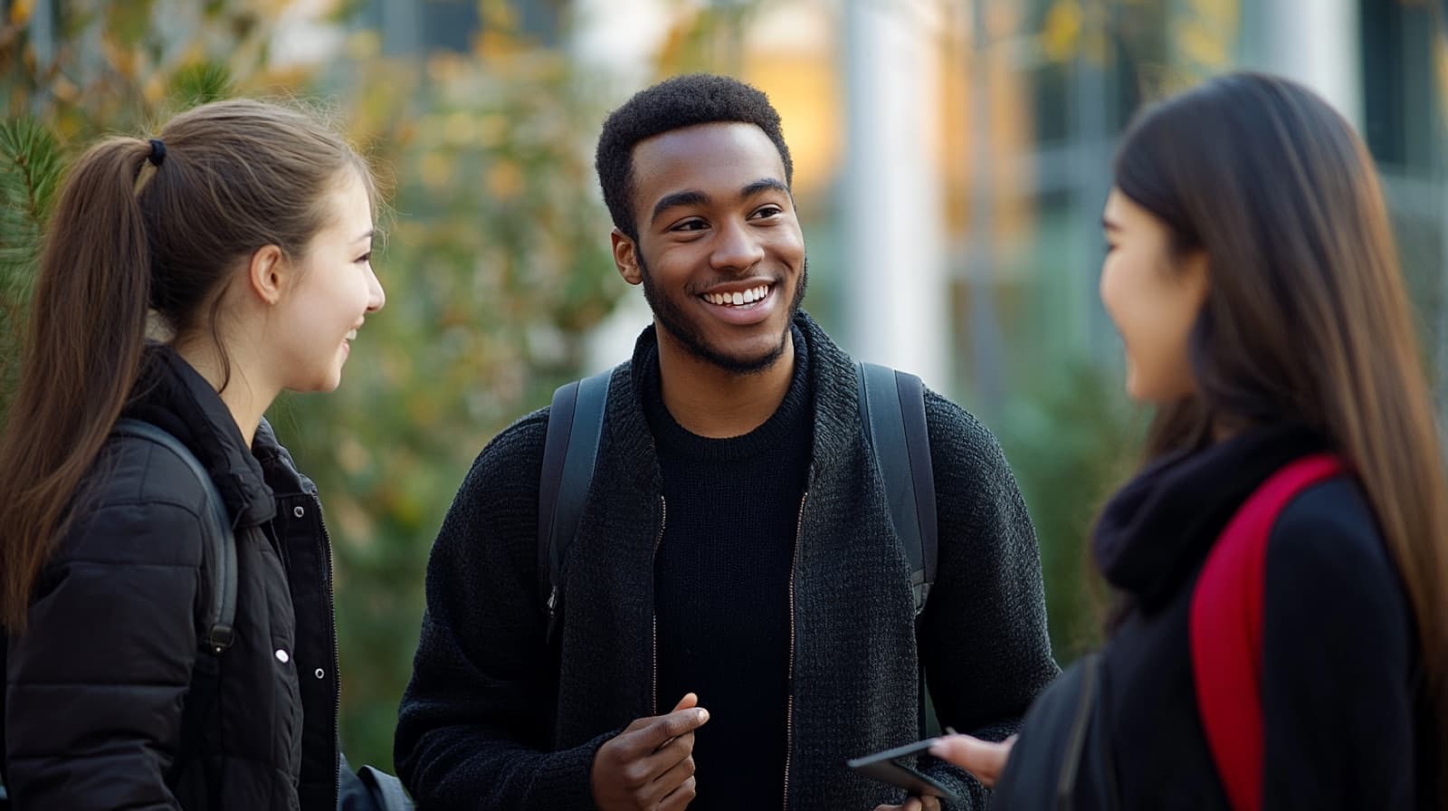 Three students talking together outside a campus building