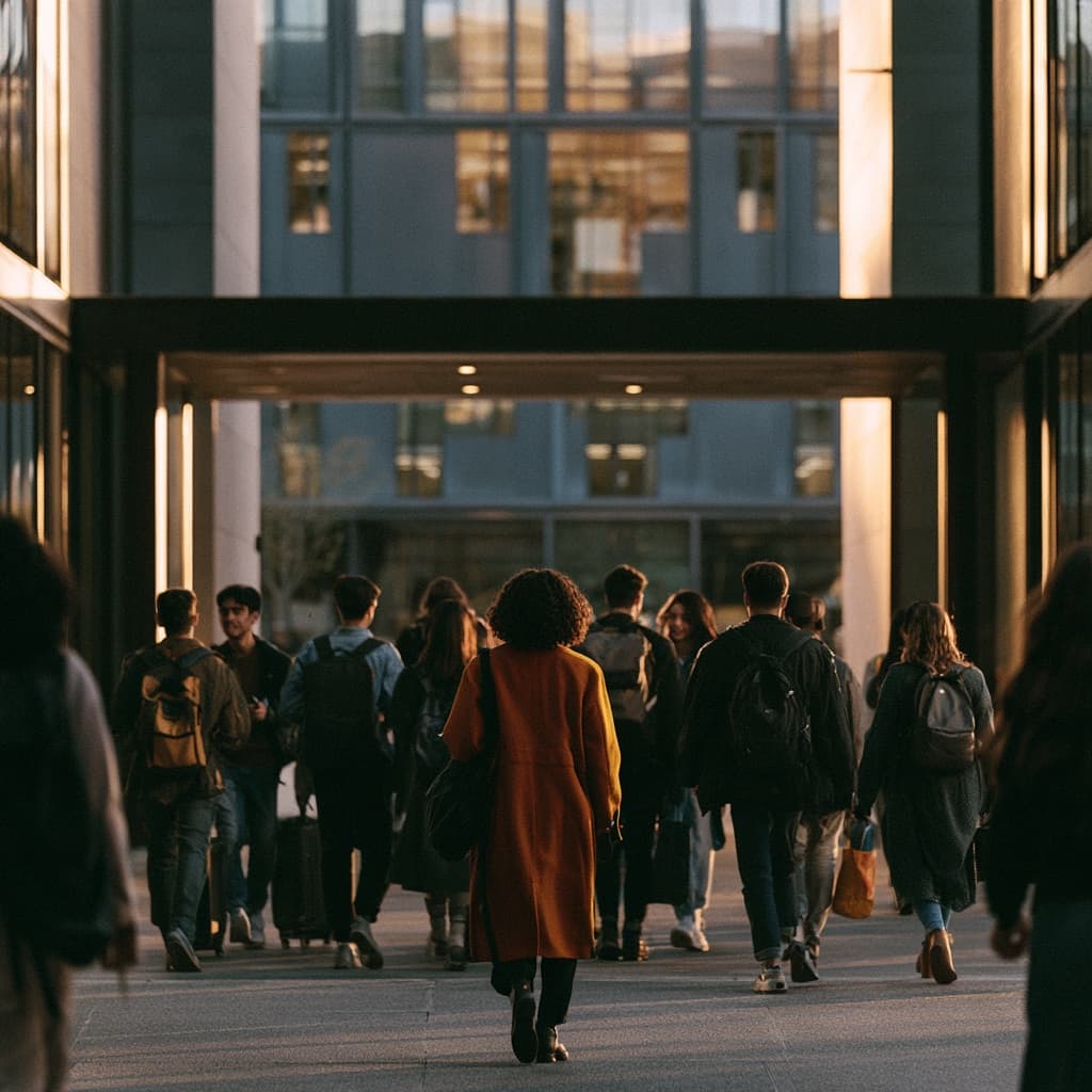 Students with backpacks and luggage walking toward a campus building entrance at golden hour